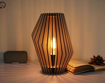 Scandinavian Wood Table Lamp Contemporary Bedside Lamp Minimalist Desk Light Laser-Cut Plywood Lighting Fixture Handcrafted Nordic Style