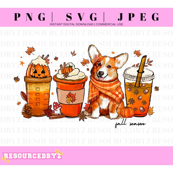 Autumn Corgi Coffee - Fall Season Cursive Text - Dog Lover Gift - Pumpkin Spiced Latte - Hello Fall Png - Fall Dog Sublimation