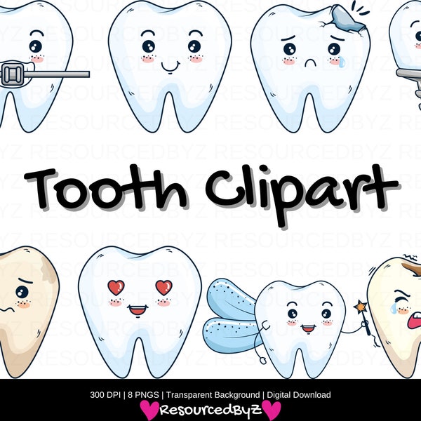 Tooth Clipart - Instant Download - Dental - Cavity Tooth - PNG - Teeth - Tooth Fairy - Braces - Dentist