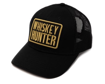Whiskey & Bourbon Themed Trucker Hat - Gold 3D Embroidered Cap for Whiskey Lovers, Unique Gift for Bourbon Hunters, Adjustable Snapback