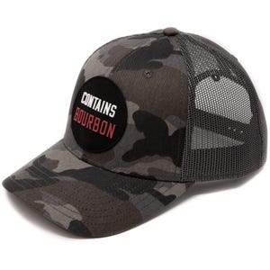 Bourbon Baseball Cap | Funny Trucker Hat for Men | &quot;May Contain Bourbon&quot; Camo Golf Hat | Whiskey Lovers Men&#39;s Gift