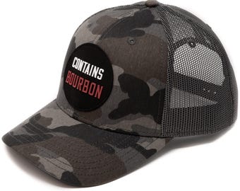 Bourbon Baseball Cap | Funny Trucker Hat for Men | &quot;May Contain Bourbon&quot; Camo Golf Hat | Whiskey Lovers Men&#39;s Gift