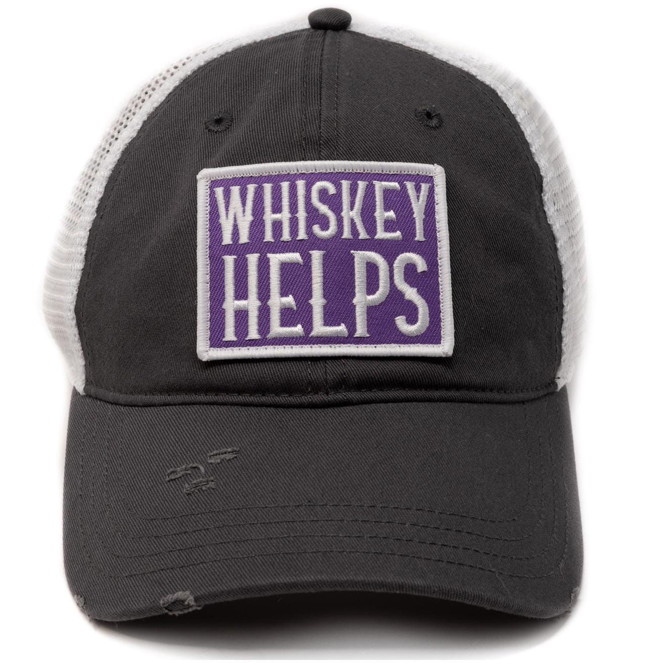 Blowout Sale: 'Whiskey Helps' Ponytail Trucker Hat for Women - Soft Mesh, Distressed Bill, Perfect for Whiskey Lovers.