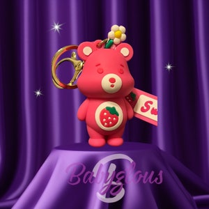 Teddy bear pink strawberry keychain FREE shipping