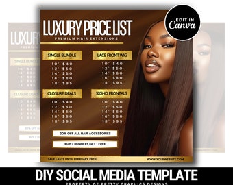 DIY Social Media Hair Cennik | Szablon ulotki | Włosy | Pakiet | Butik | Cennik | Peruka | Edytowalny szablon ulotki | Ulotka z cennikiem