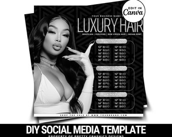 DIY Social Media Hair Cennik | Szablon ulotki | Włosy | Pakiet | Butik | Cennik | Peruka | Warkocze | Edytowalny szablon ulotki