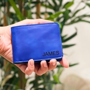 Cartera azul para hombre, cartera personalizada con bolsillo frontal delgado, cartera minimalista, cartera para padrinos de boda, regalo de aniversario para él, regalo de Navidad