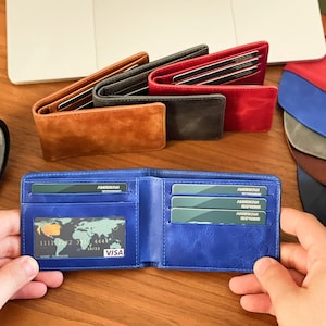 Billetera de cuero minimalista personalizada, billetera plegable personalizada, billetera delgada de cuero para hombres, billetera con monograma, billetera con bloqueo RFID, Navidad