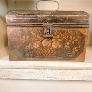 Antique metal Tole box, Deed, early document box, painted fruit and basket, toleware, 19th century