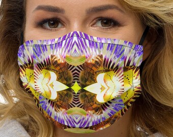 Bumble Bees on Blue Crown Passion Flower Photo Collage Face Mask With Nose Wire Filter Pocket Washable Reusable and Adjustable Earloops