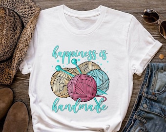 Camisa de tejer, la felicidad es hecha a mano, regalo de punto, regalo de tejer, regalo de tejedor, amor para tejer, amor para tejer, amante de punto, KI298WM01