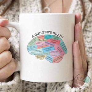 May include: White ceramic mug with a colorful graphic of a brain with the text "A Quilter's Brain" and various quilting-related phrases inside the brain. The phrases include "so many ideas, so little time", "quilt tops", "fabric", "even more fabric", "unfinished objects", "sewing machine", "quick stop at the quilt store", and more.