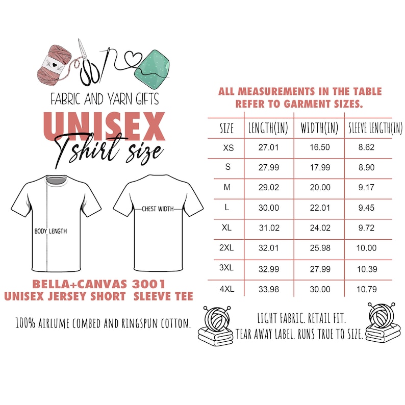 Pu&ograve; includere: Una tabella di taglie per t-shirt unisex in jersey Bella + Canvas 3001. La tabella mostra le misure in pollici per le taglie XS a 4XL, comprese lunghezza, larghezza e lunghezza della manica. Il tessuto &egrave; 100% cotone pettinato e ringspun airlume.
