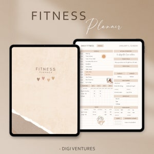 Könnte beinhalten: Ein digitaler Fitnessplaner in Beige und Weiß. Der Planer enthält Abschnitte für Tagespläne, Trainingsroutinen und Essensplanung. Auf dem Cover steht "FITNESS Planner", mit "DIGI VENTURES" am unteren Rand. Das Design ist minimalistisch.