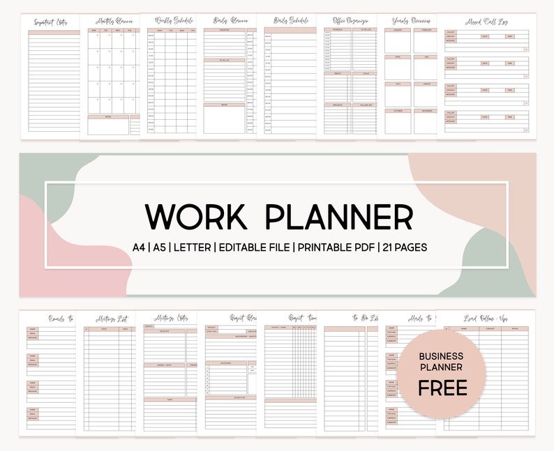 Work Planner Daily Office Tasks Manager Editable Printable Employee Schedule Business Meetings Emails Tracker Project to do list Checklists image 1