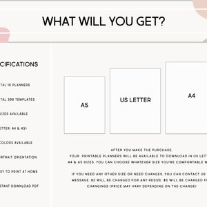 K&ouml;nnte beinhalten: Eine digitale Planer-Produktliste mit rosa und gr&uuml;nem Hintergrund. Die Liste hebt die Funktionen des Planers hervor, darunter 16 Planer, 399 Vorlagen, 3 Gr&ouml;&szlig;en (Brief, A4 und A5), 4 Farben, Hochformat, einfach zu Hause auszudrucken und sofortiger Download als PDF. Die Liste zeigt auch die verschiedenen verf&uuml;gbaren Gr&ouml;&szlig;en: US Letter, A4 und A5.