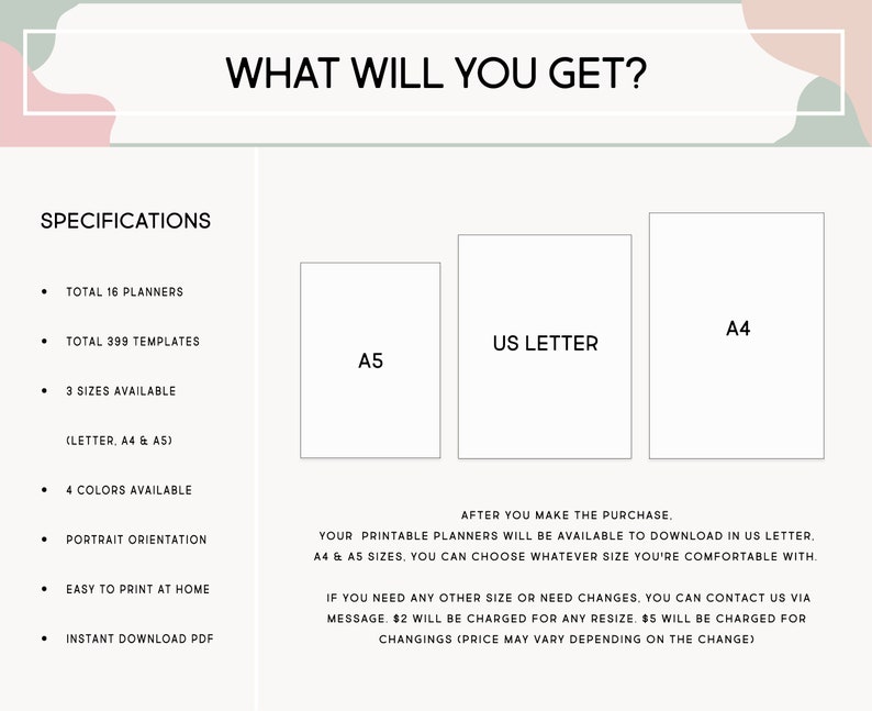 K&ouml;nnte beinhalten: Eine digitale Planer-Produktliste mit rosa und gr&uuml;nem Hintergrund. Die Liste hebt die Funktionen des Planers hervor, darunter 16 Planer, 399 Vorlagen, 3 Gr&ouml;&szlig;en (Brief, A4 und A5), 4 Farben, Hochformat, einfach zu Hause auszudrucken und sofortiger Download als PDF. Die Liste zeigt auch die verschiedenen verf&uuml;gbaren Gr&ouml;&szlig;en: US Letter, A4 und A5.