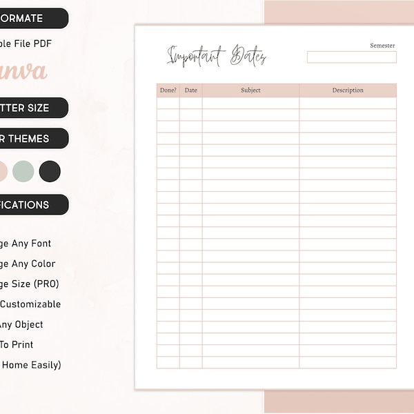 Important Dates Tracker, Editable Important Dates Template, Printable Important Dates Page, Track Important Events, Yearly Important Dates