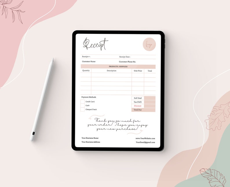 Printable Receipt Template, Canva Printable Billing Template, Editable in Canva, 4 Premade Minimal Colors, Order Form, Business Receipt