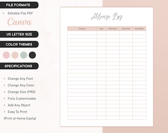 Printable Mileage Log Book Editable Template Miles Travelled Tracker Vehicle Mileage Log, Car Miles Tracker, Gas Mileage Reimburse US Letter