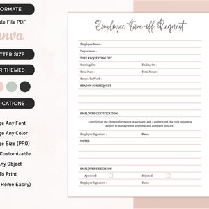 Modelo de solicitação de folga para funcionários, formulário editável de solicitação de férias, calendário de folgas, rastreador de folgas, formulário de PTO de funcionários para solicitação de licença médica