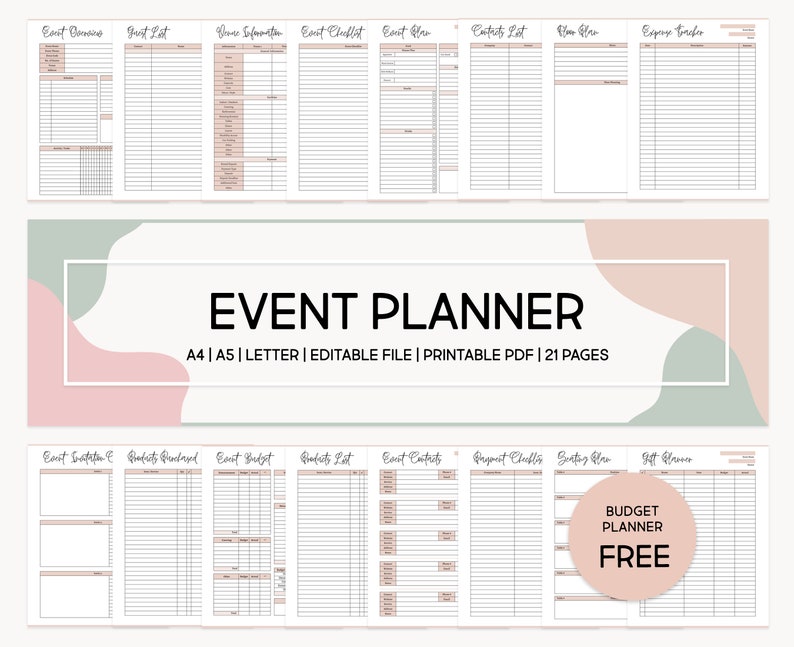 May include: A printable event planner with 21 pages, featuring a pink and green color scheme. The planner includes sections for event details, guest list, budget, contacts, checklists, and more. The text "EVENT PLANNER" is displayed in a large, handwritten font.