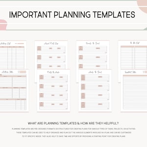 May include: A set of printable planning templates with headings such as "Meeting List", "Calls to Make", "Goals to Set", and "To Do List". The templates are designed to help organize and plan out various elements involved in a plan.