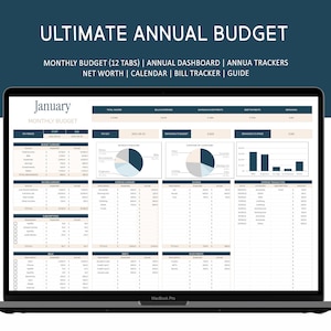 May include: A laptop computer screen displaying a budget spreadsheet with the title "Ultimate Annual Budget". The spreadsheet includes tabs for monthly budget, annual dashboard, annual trackers, net worth, calendar, bill tracker, and guide. The current tab is for January's monthly budget.