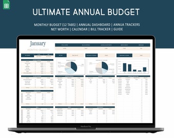 May include: A laptop computer screen displaying a budget spreadsheet with the title "Ultimate Annual Budget". The spreadsheet includes tabs for monthly budget, annual dashboard, annual trackers, net worth, calendar, bill tracker, and guide. The current tab is for January's monthly budget.