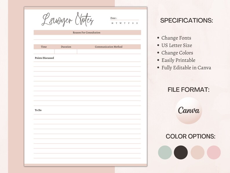 Printable Lawyer Notes Editable Communication Sheet for Etsy