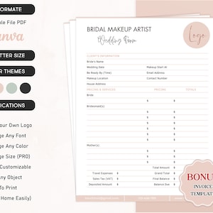 Plantilla editable de contrato de maquillaje nupcial, acuerdo de servicio de maquillaje, contrato de maquillaje profesional, formularios de maquilladores independientes, carta de EE. UU.