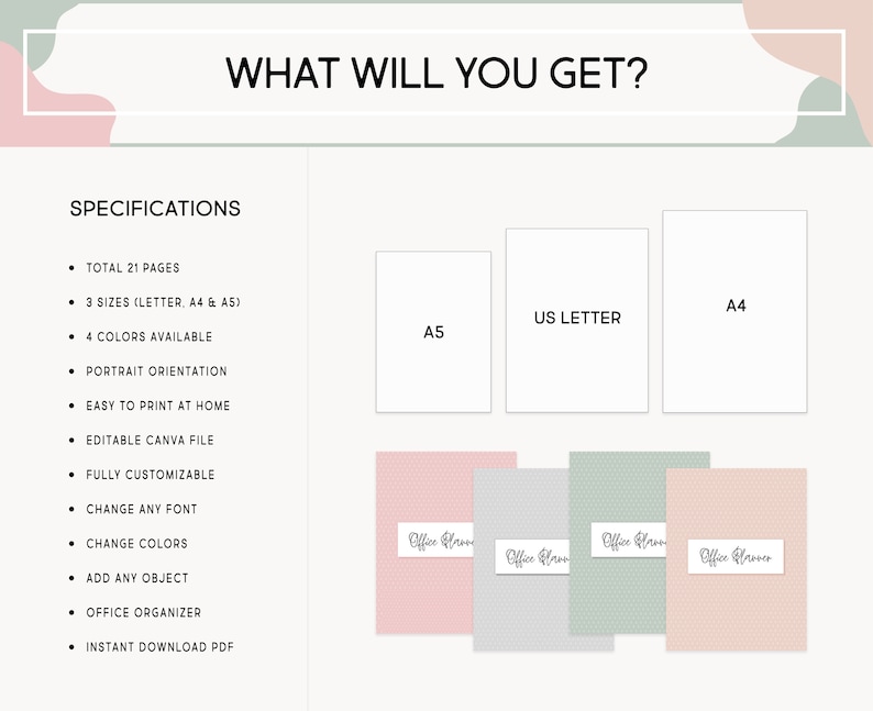 May include: A digital planner template with 21 pages, available in three sizes: US Letter, A4, and A5. The template is fully customizable and includes features like changing fonts, colors, and adding objects. The template is easy to print at home and comes with an instant download PDF.