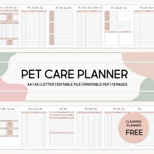 May include: A printable pet care planner with a pink and green color scheme. The planner includes sections for emergency information, vet information, pet details, grooming information, and a cleaning planner. The text "PET CARE PLANNER" is displayed in a large font at the top of the page.