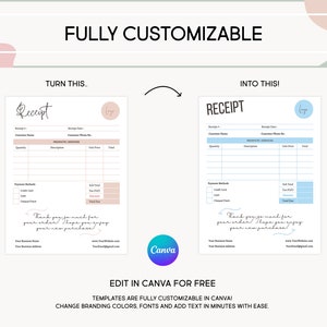 Printable Receipt Template, Canva Printable Billing Template, Editable in Canva, 4 Premade Minimal Colors, Order Form, Business Receipt
