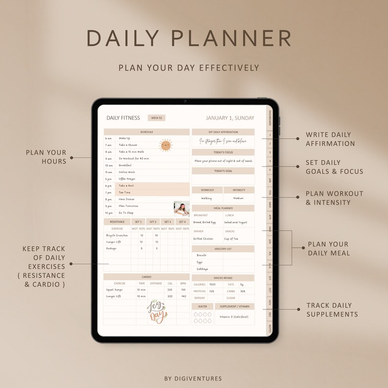 Digital Fitness Planner Wellness Journal for Workout, Weight Loss, SelfCare, Minimalist iPad Planner for GoodNotes Notability Boho Theme PDF