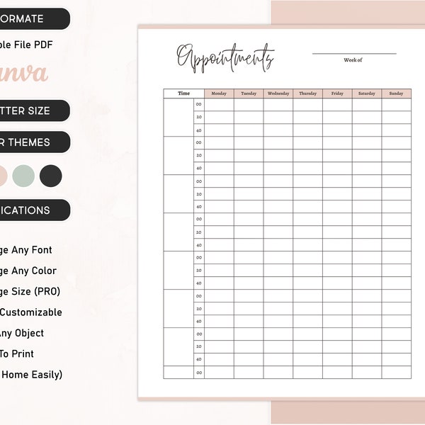 Appointments Printable Template Editable Appointment Sheet Digital Time Block Template Daily Appointment Organizer Productivity Planner