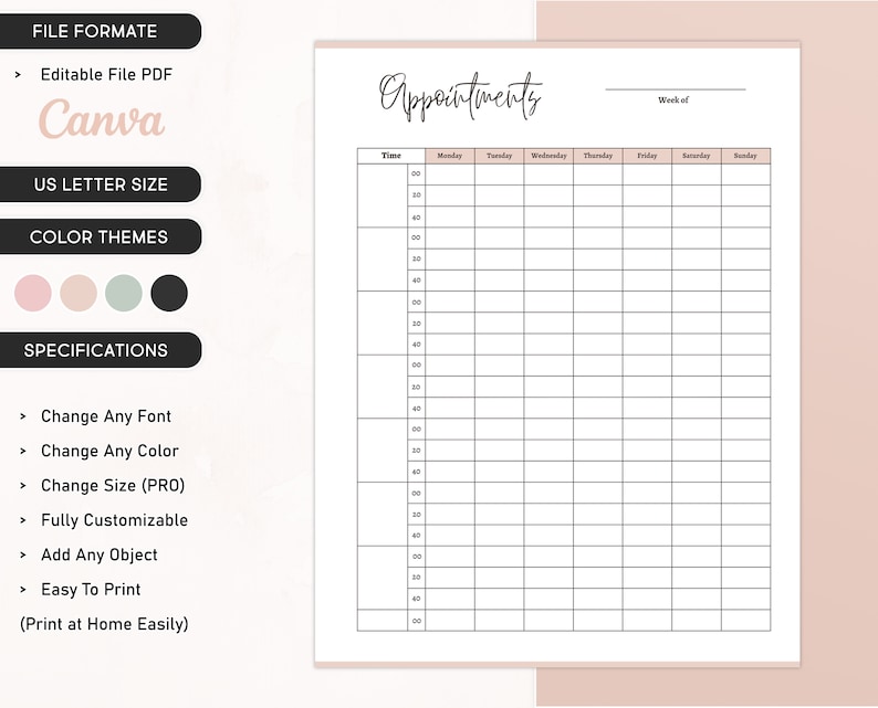 Appointment Log Printable Template Editable Appointment Sheet Digital Time Block Template Daily Appointment Organizer Productivity Planner