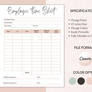 Employee Time Sheet Editable Canva Digital Template - Etsy