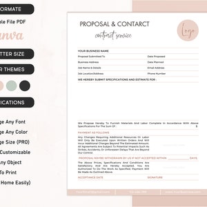May include: A pink and white proposal and contract template with a logo placeholder. The template includes sections for your business name, proposal submitted to, business address, job name and details, job location address, date proposed, date planned, email address, phone number, and a section for specifications and estimate. The template also includes a payment section and a proposal maybe withdrawn by us if not accepted within section.
