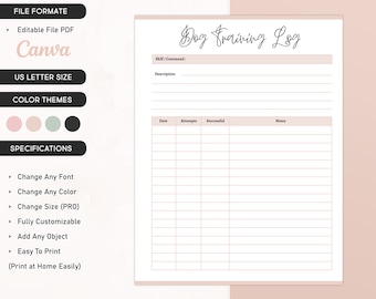 Printable Dog Training Log, Dog Skill Training, Dog Command Tracker, Dog Training Sheet, Dog Training Service Outline Dog Training Agreement