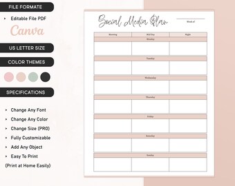 Printable Social Media Plan, Editable Content Planner Blog Planner Social Media Strategy Marketing Template Instagram Post Tracker US Letter