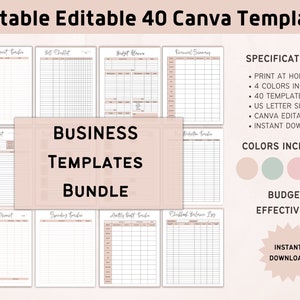 Op de afbeelding: Een set van 40 printbare en bewerkbare zakelijke sjablonen voor Canva. De sjablonen zijn ontworpen om je te helpen effectief te budgetteren en bevatten een factuurbetalingsvolger, een factuurchecklist, een budgetplanner, een inkomstenvolger, een spaarvolger, een uitgavenvolger, een maandelijkse cadeauvolger en een checklist-saldologboek. De sjablonen zijn verkrijgbaar in vier kleuren: roze, groen, lichtroze en grijs. De sjablonen zijn in US letterformaat en kunnen direct worden gedownload.