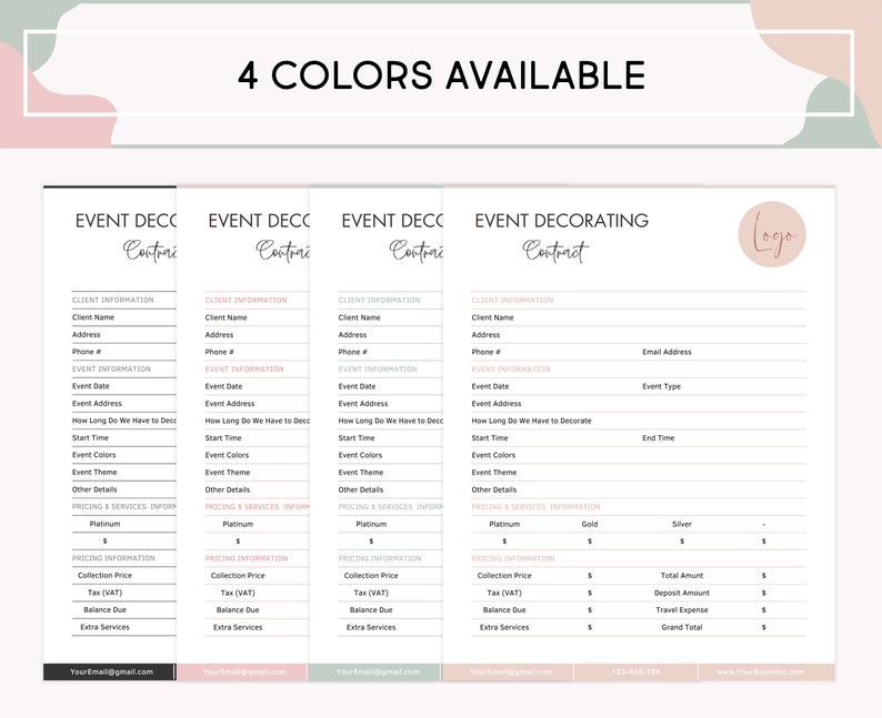 Event Decorating Service Contract, Editable Event Planning Services, Event Decor Rental Agreement, Party Decorator Business Forms, US Letter