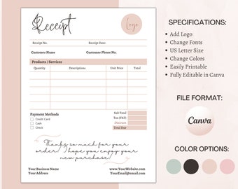 editable receipt template canva printable billing template etsy