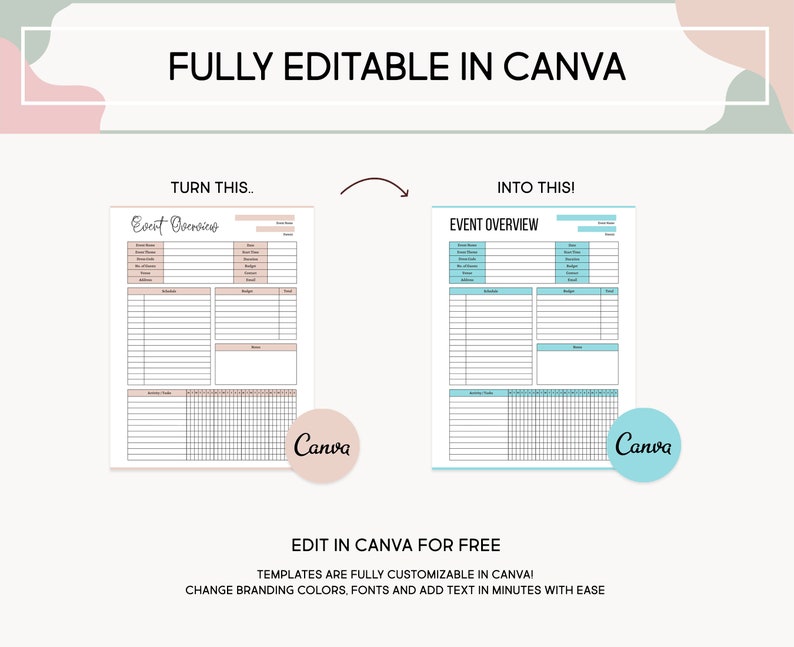 May include: A Canva template showing how to turn a basic event planning checklist into a more visually appealing and organized event overview. The template on the left is in pink and white, while the template on the right is in blue and white. Both templates include sections for event details, budget, and a timeline.