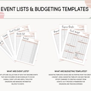 May include: A set of printable event planning templates, including checklists, guest lists, product lists, expense trackers, and event budgets. The templates are designed with a minimalist aesthetic and feature a light pink and green color scheme.
