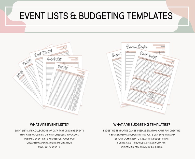 May include: A set of printable event planning templates, including checklists, guest lists, product lists, expense trackers, and event budgets. The templates are designed with a minimalist aesthetic and feature a light pink and green color scheme.