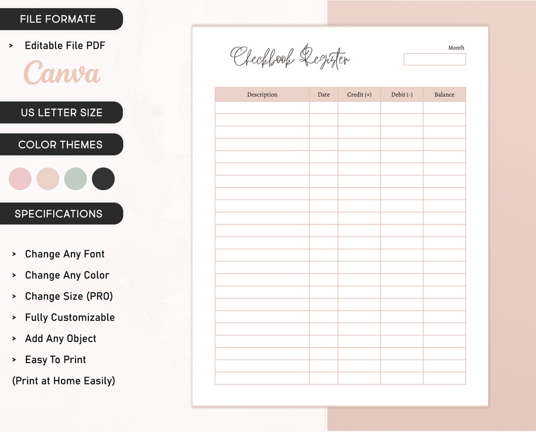 Checkbook Registration Log Printable, and Expense Canva Tracker