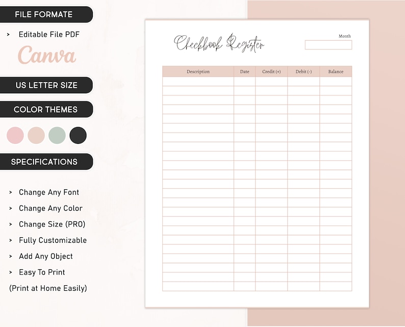 Checkbook Registration log Printable, Income and Expense Canva Tracker, Account Ledger Transaction Register, US Letter Size, Finance Tracker