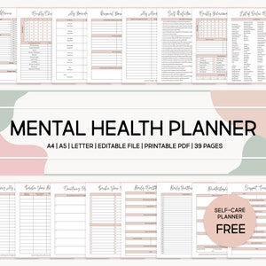 Può includere: Un planner per la salute mentale stampabile con uno schema di colori rosa e verde. Il planner include sezioni per le routine quotidiane, i controlli settimanali, l'auto-riflessione e l'impostazione degli obiettivi. Il testo "MENTAL HEALTH PLANNER" è visualizzato in un carattere grande nella parte superiore della pagina. Il testo "A4 | A5 | LETTER | EDITABLE FILE | PRINTABLE PDF | 39 PAGES" è visualizzato sotto il titolo.